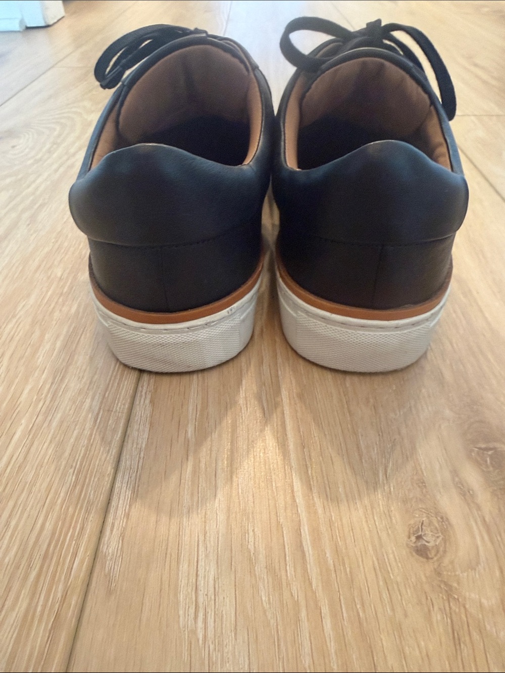 Allen Edmonds Black Leather Sneakers with White Sole and Tan Trim - Picture 5 of 7